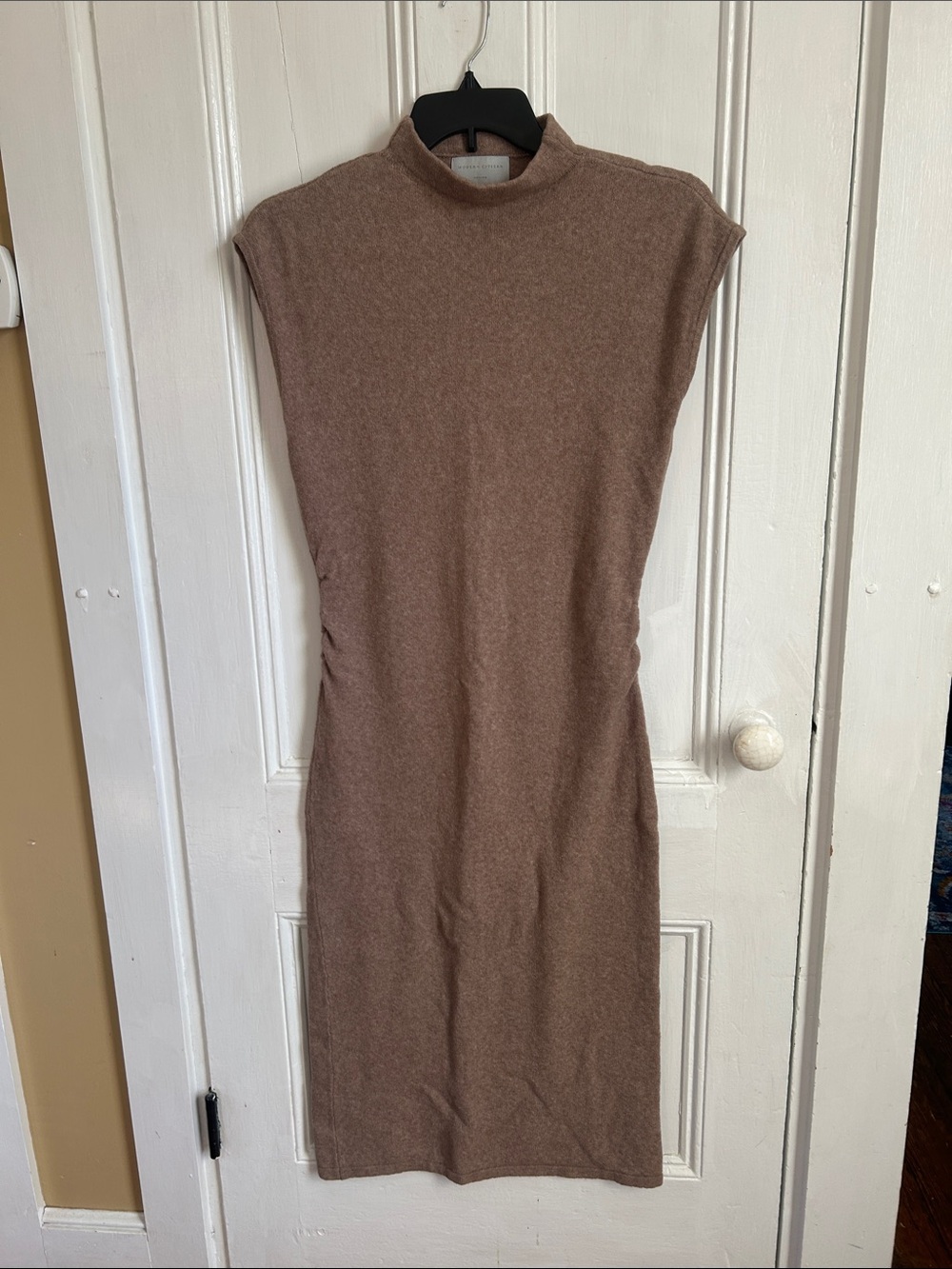 Modern Citizen Sleeveless Mock Neck Midi Dress with ruching on sides in Brown